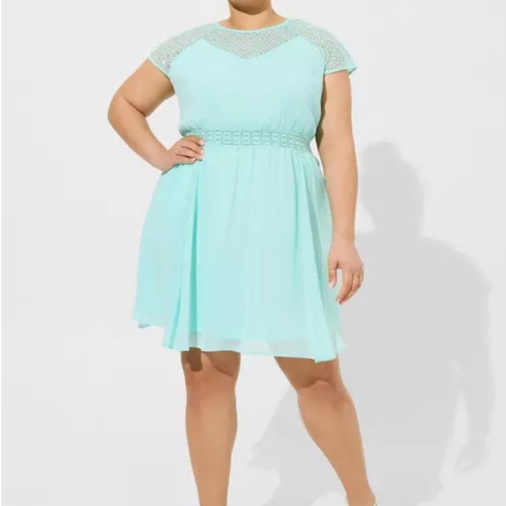 Torrid Mini Clip Dot Crochet Lace Skater Dress Pockets Teal Size 5